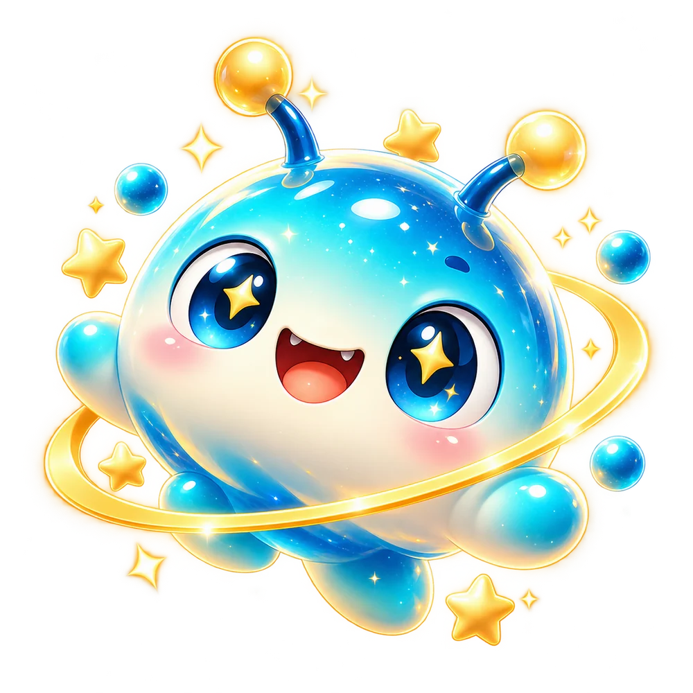 PONPO: a joyful blue planet creature with star eyes, a golden orbital ring and golden antennae